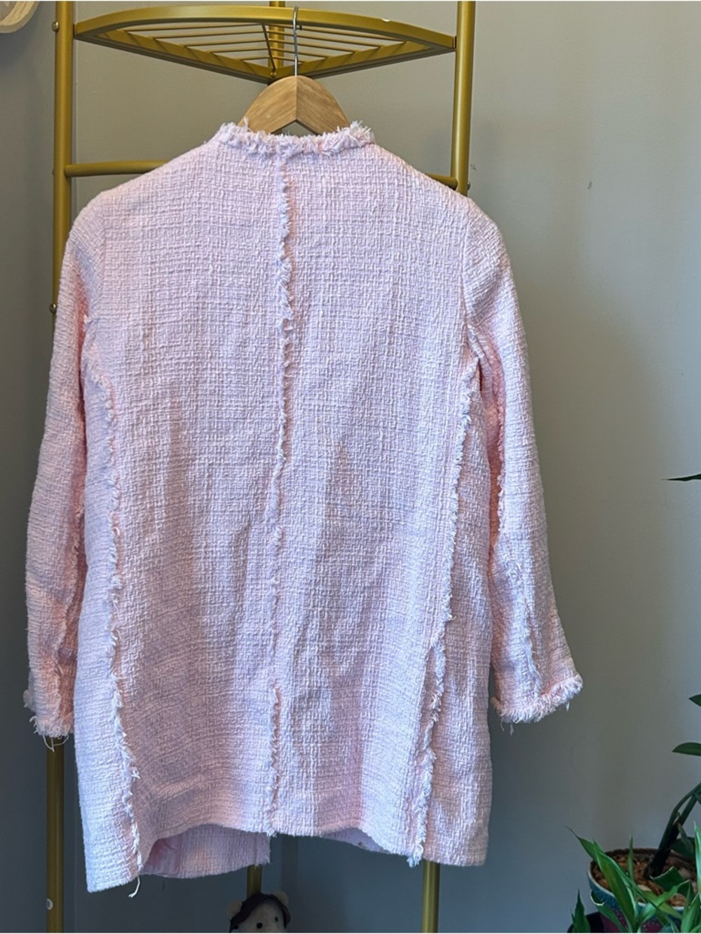 Zara women’s spring Pink Tweed Collarless front welt pockets Coat size M - Picture 4 of 8